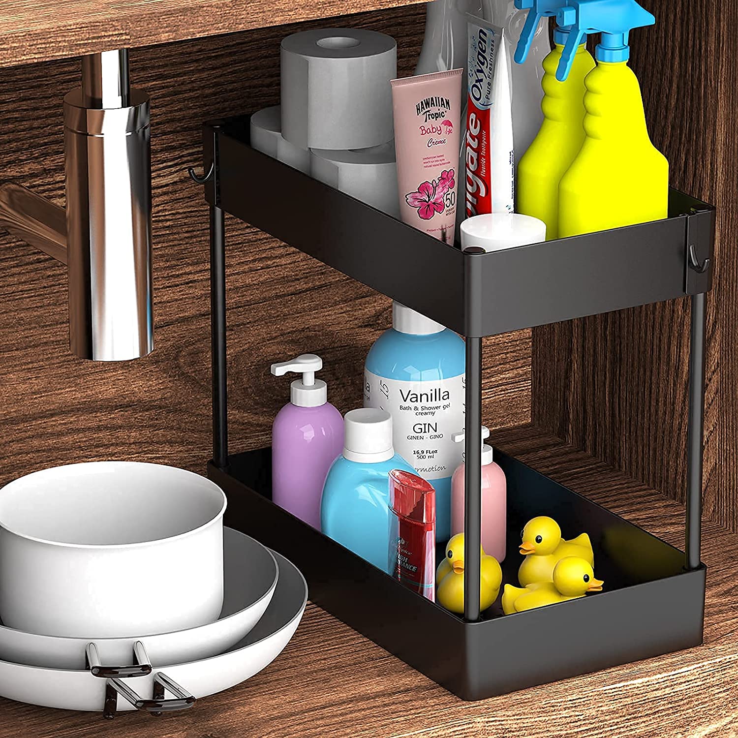 PUILUO Under Sliding Cabinet Basket Organizer, 2 Tier Under Sink Organizers  Black Under Sink Storage for Bathroom Kitchen