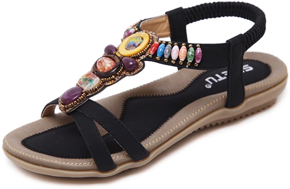 SHIBEVER Women's Sandals Bohemia Summner Beach Flats Beaded Ankle Strap Comfort Sandal Dress Shoes