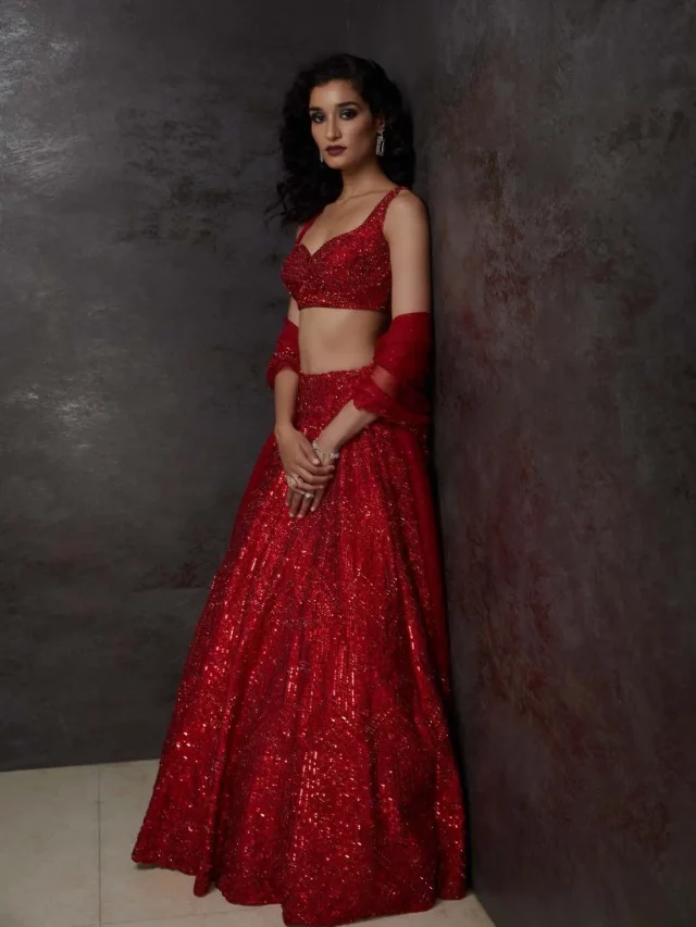 red shimmer lehenga