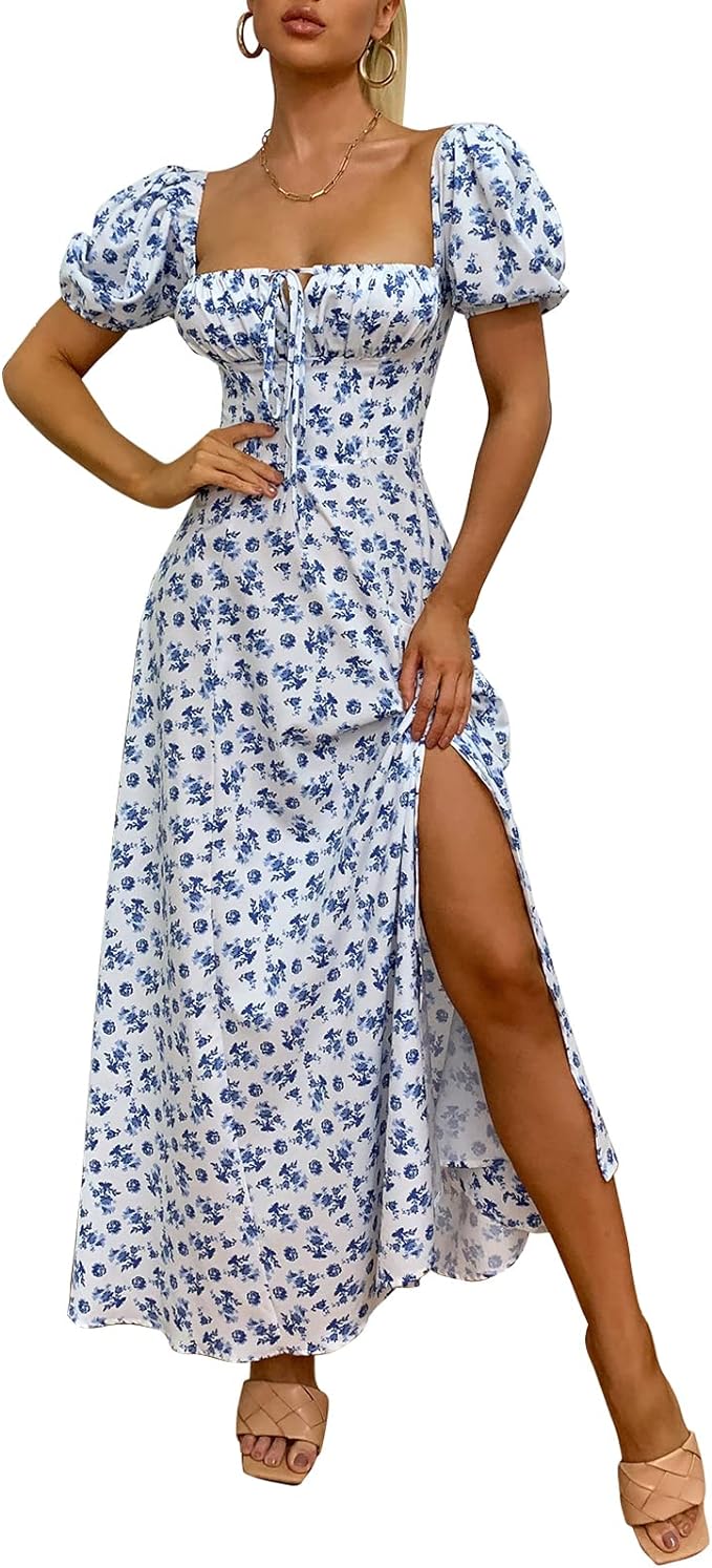 Women's Summer Puff Sleeve Floral Split Maxi Dress